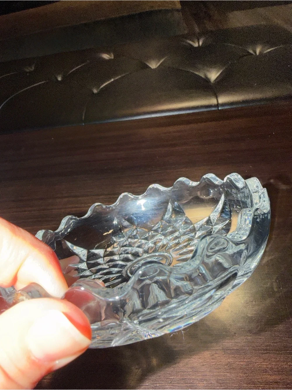 Clear Scalloped Glass Serving Bowl with Starburst Cut